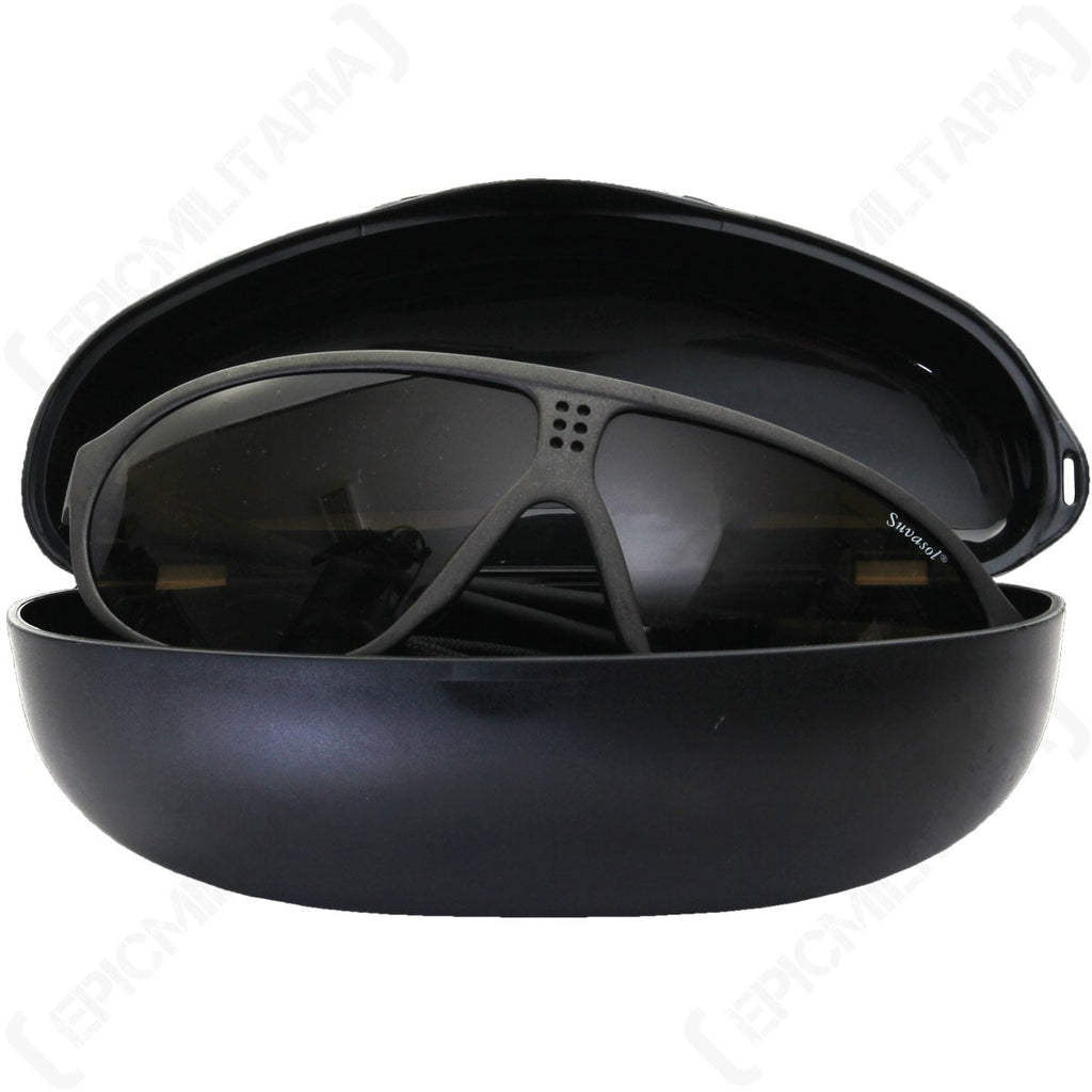 Front view of genuine Swiss military Suvasol sunglasses resting inside their original black protective plastic carry case.