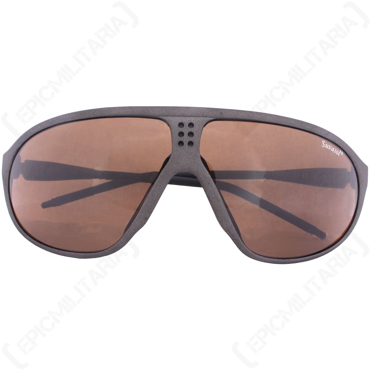 Front profile of brown lens Suvasol tactical sunglasses showing the lightweight graphite frame with ventilation holes above the bridge.