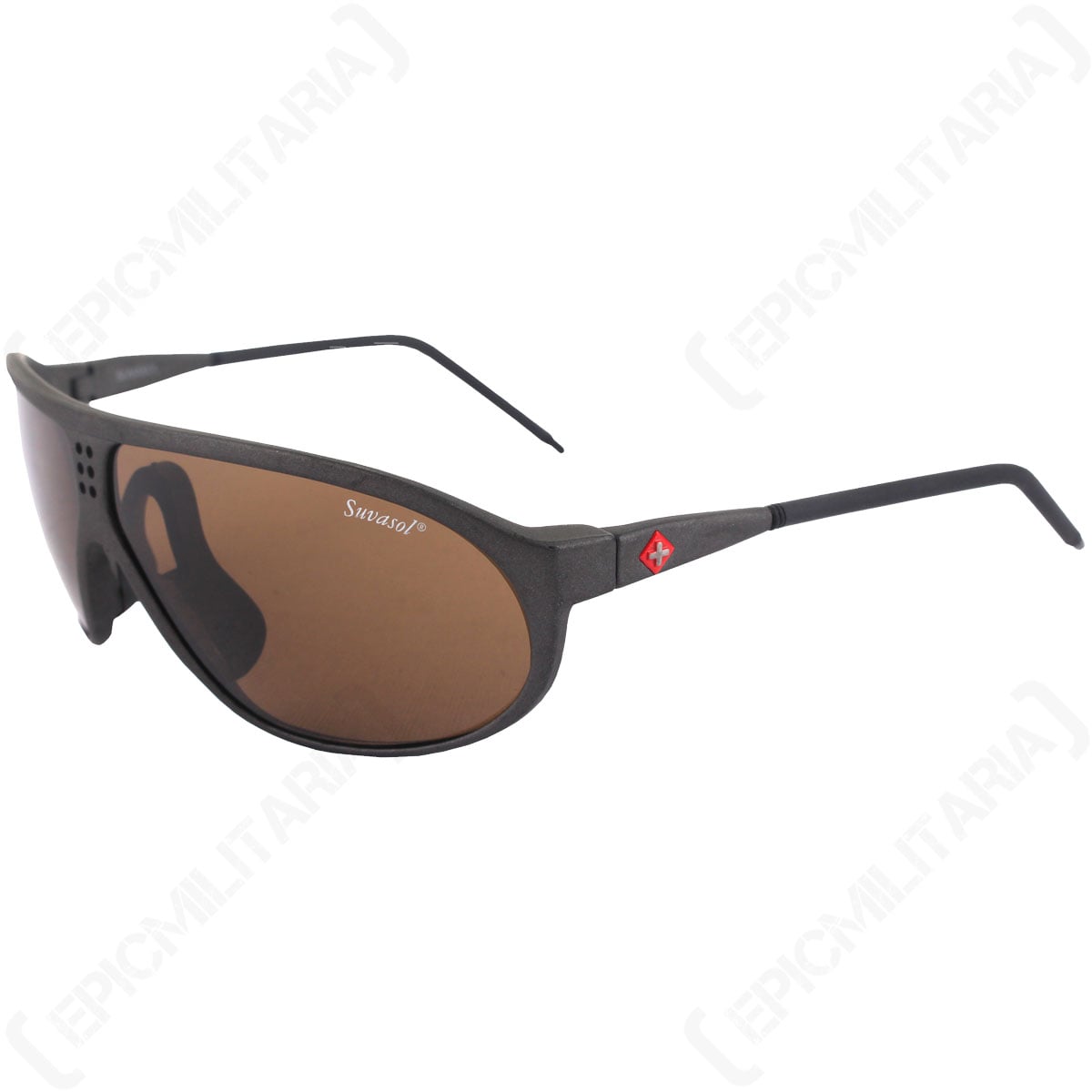 Side angle of Suvasol sunglasses revealing the Swiss cross logo on the temple and the flexible rubber nose piece design.