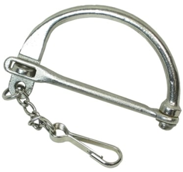 Genuine German Army Bundeswehr surplus D-ring lock in durable silver-tone metal with attached security chain and hook for kitbags.