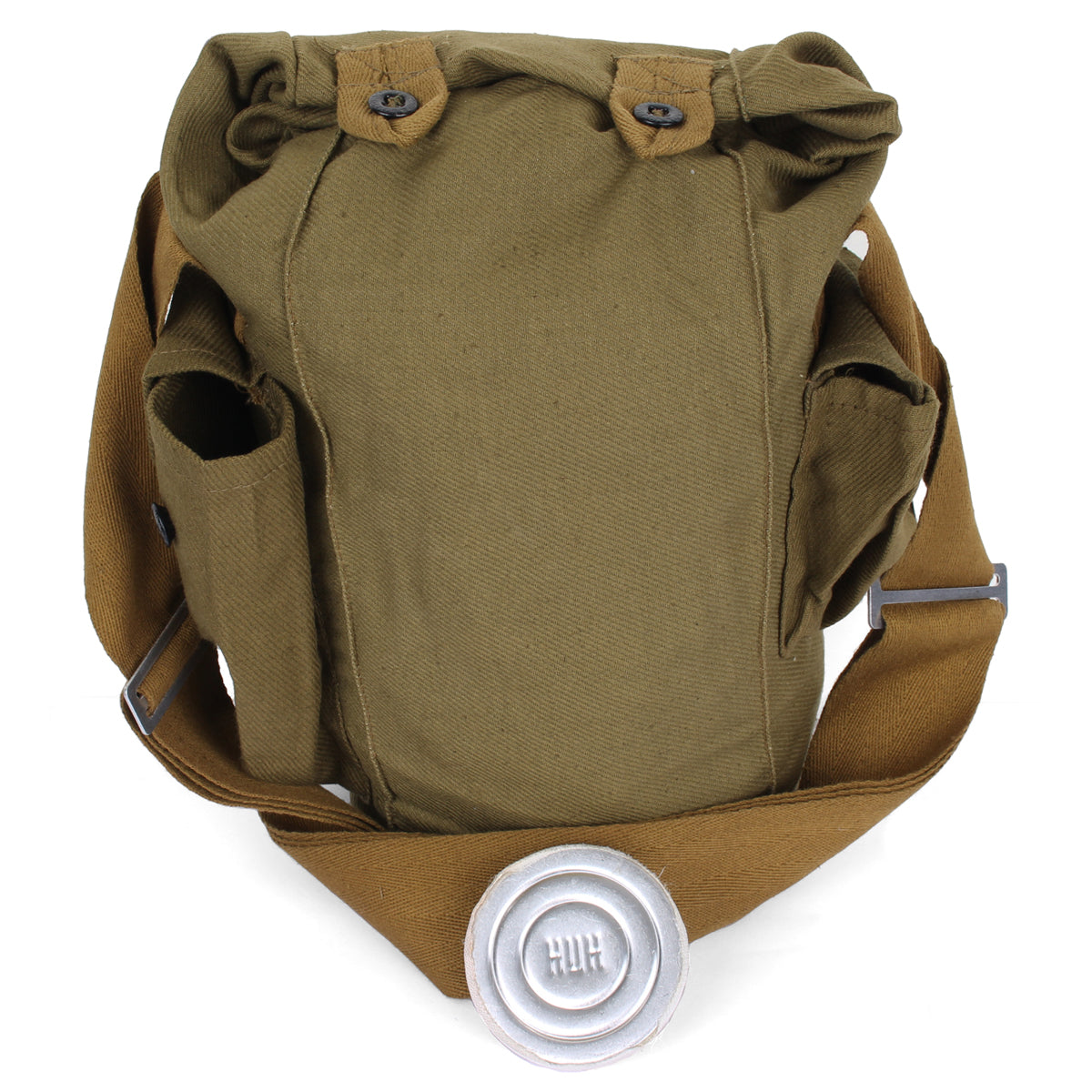 Original olive green canvas carrying bag with shoulder strap used for storing the authentic Soviet GP-5 gas mask.