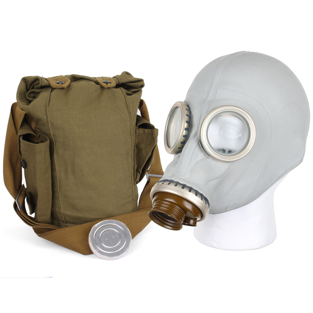 Authentic Soviet GP-5 grey rubber gas mask displayed with its original olive green canvas carrying bag.