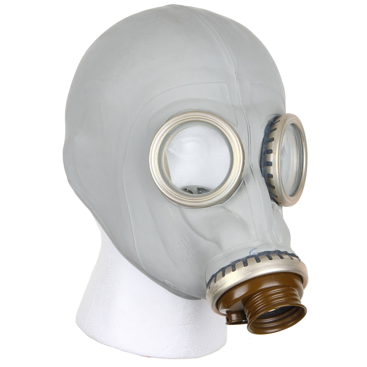 Side profile of the Soviet GP-5 gas mask on a display head, showcasing the durable grey rubber material and circular eyepiece.