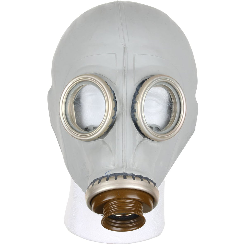 Front-facing view of the Cold War era Soviet GP-5 gas mask with two clear circular glass eyepieces and a brown front-mounted filter inlet.