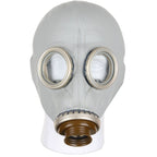 Front-facing view of the Cold War era Soviet GP-5 gas mask with two clear circular glass eyepieces and a brown front-mounted filter inlet.