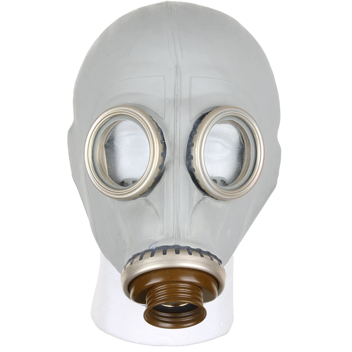 Front-facing view of the Cold War era Soviet GP-5 gas mask with two clear circular glass eyepieces and a brown front-mounted filter inlet.