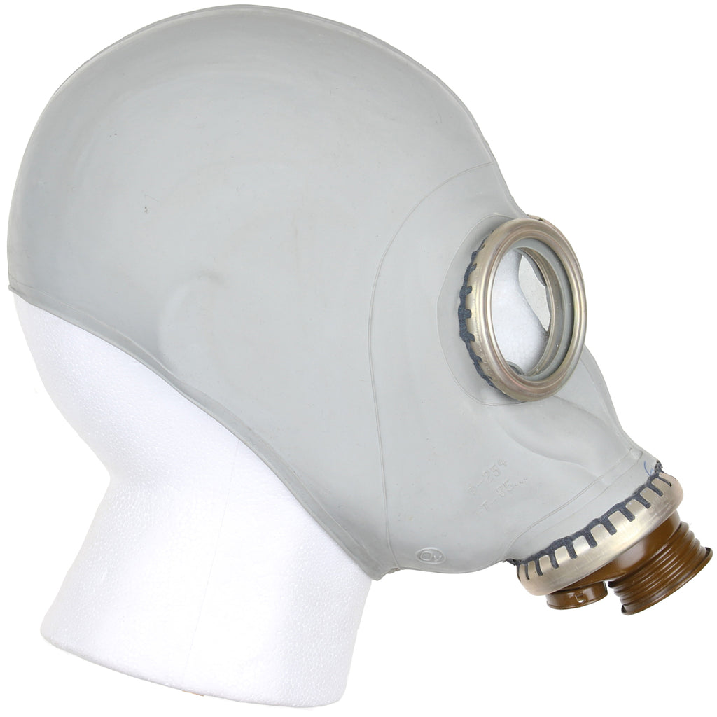 Close-up side view of the grey Soviet GP-5 mask, highlighting the authentic surface texture and clear circular eyepiece design.
