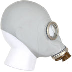 Close-up side view of the grey Soviet GP-5 mask, highlighting the authentic surface texture and clear circular eyepiece design.