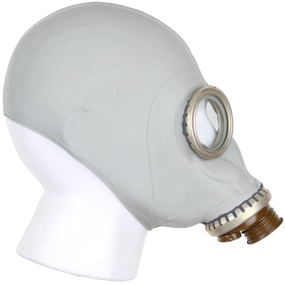 Close-up side view of the grey Soviet GP-5 mask, highlighting the authentic surface texture and clear circular eyepiece design.