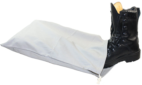 Original German Army cotton boot bag in light grey, partially covering a black military leather boot with drawstring closure.