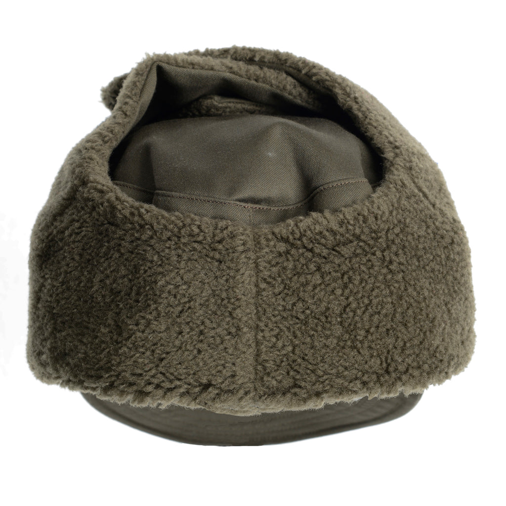 Rear view of an original Austrian Army winter hat, highlighting the thick, warm fleece-lined interior and durable cotton blend construction.