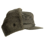 Side profile of the Austrian winter surplus hat featuring foldable ear flaps with metal snap buttons and side ventilation eyelets.