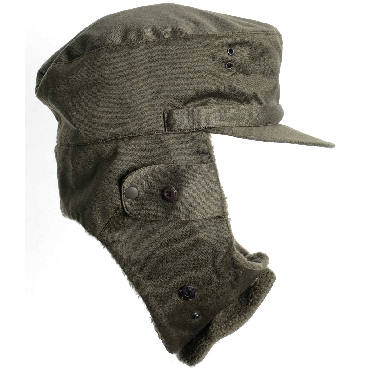Austrian army winter cap with ear flaps secured down, showcasing the snap button closure for full ear and neck coverage.