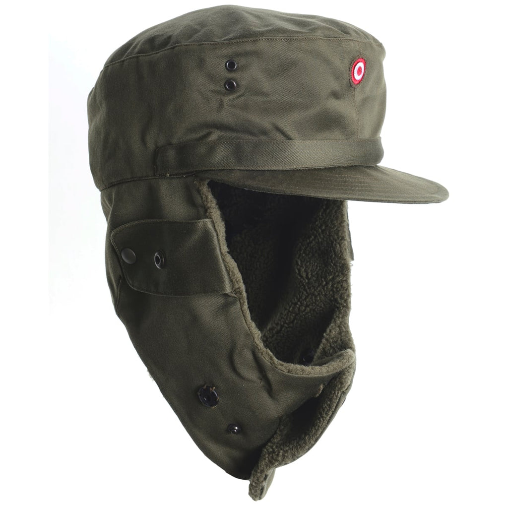Front-side angle of the olive drab Austrian winter hat with ear flaps down, showing the visor and embroidered national insignia.