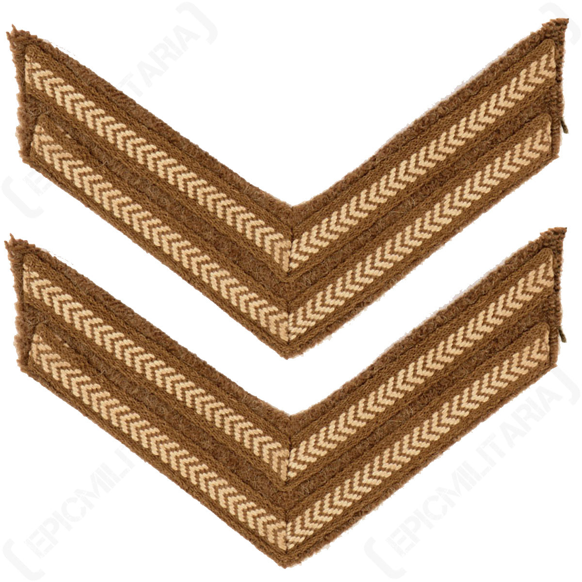 A pair of British Army Corporal rank stripe chevrons featuring off-white cotton embroidery on coarse khaki-brown wool backing for WWI and WWII uniforms.
