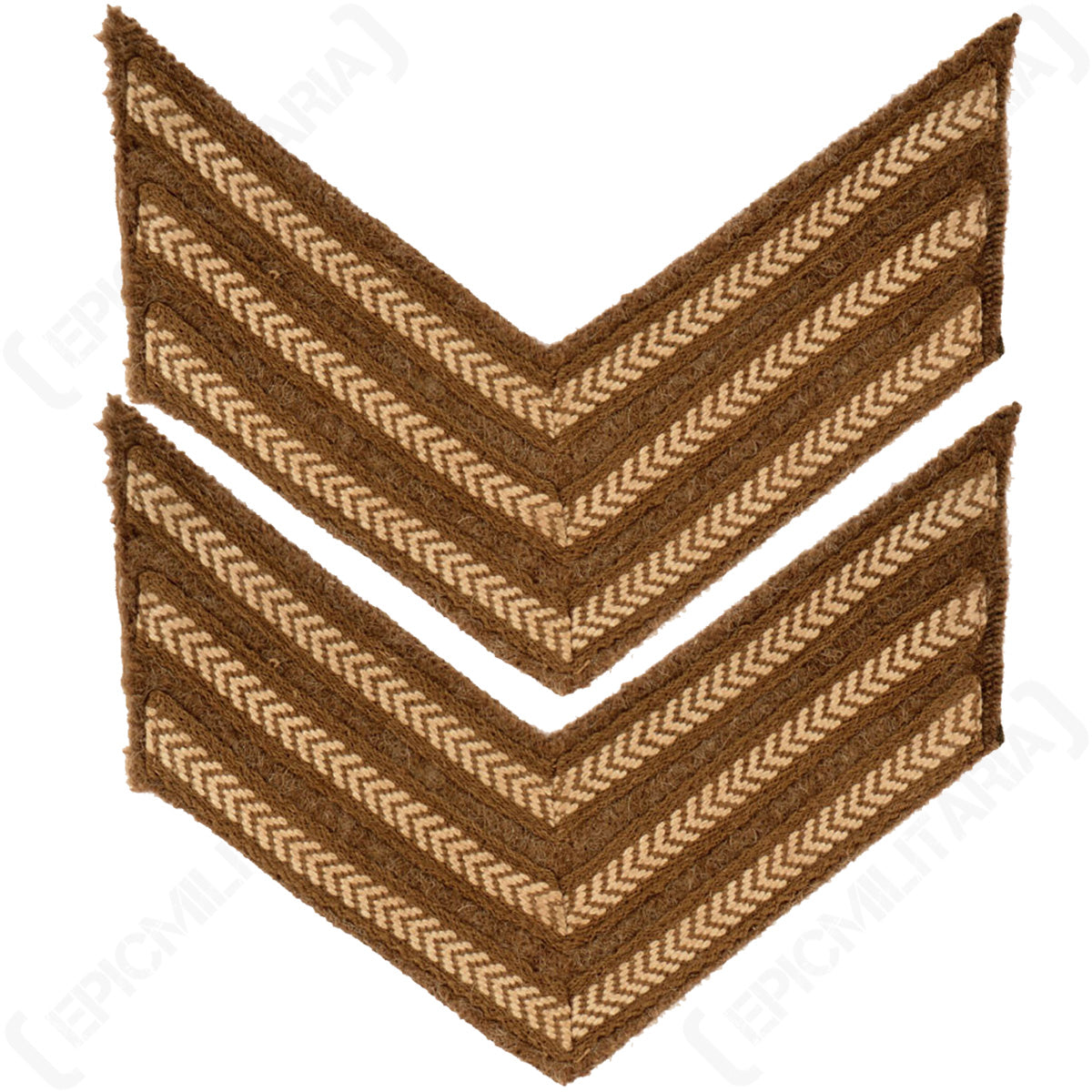 Pair of original WW2 British Army Sergeant rank chevrons featuring white cotton herringbone embroidery on a textured brown wool background for military re-enactment uniforms.