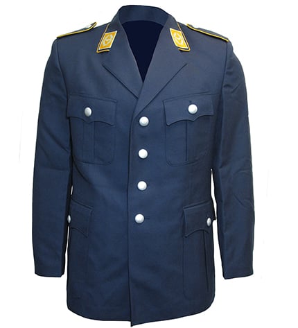Unissued blue post-war Luftwaffe officer tunic featuring four pleated pockets, silver pebble buttons, and distinctive gold collar tabs for collectors.