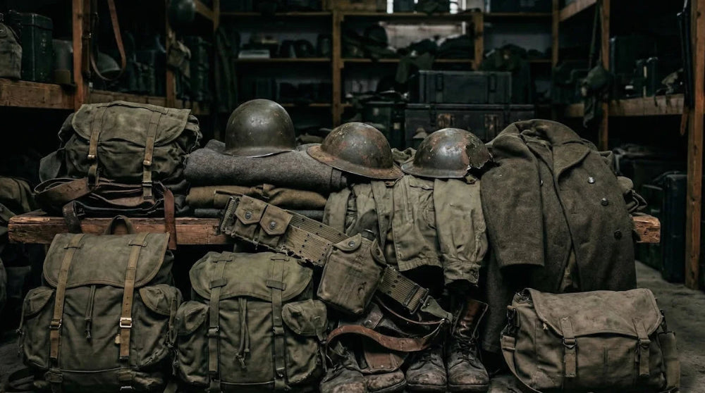 Collection of military gear including helmets, backpacks, and coats in a storage room.