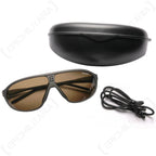 Used Swiss Suvasol military sunglasses in graphite polycarbonate with brown lenses, protective hard case, and black neck cord.