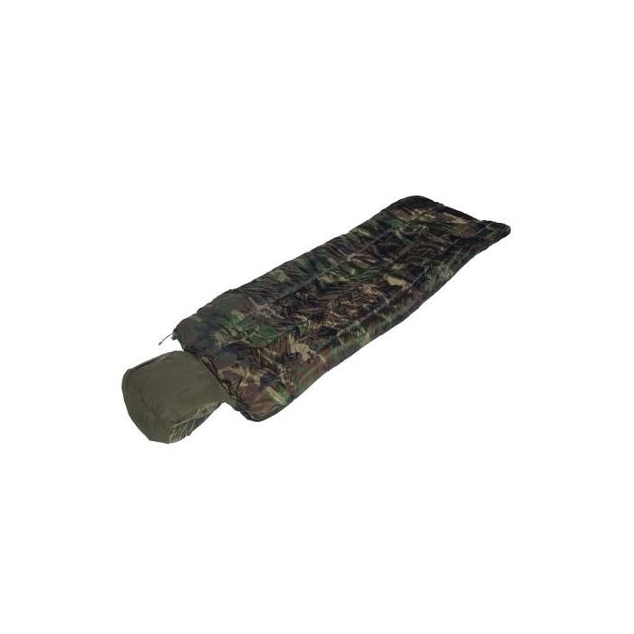 Woodland camouflage Mil-Tec Pilot sleeping bag with a padded integrated pillow and weather-resistant outer fabric.