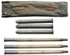 WW2 Swiss Army Zeltbahn tent pole kit showing three sectional wooden poles, three metal tent pegs, and an olive green canvas carrying pack.