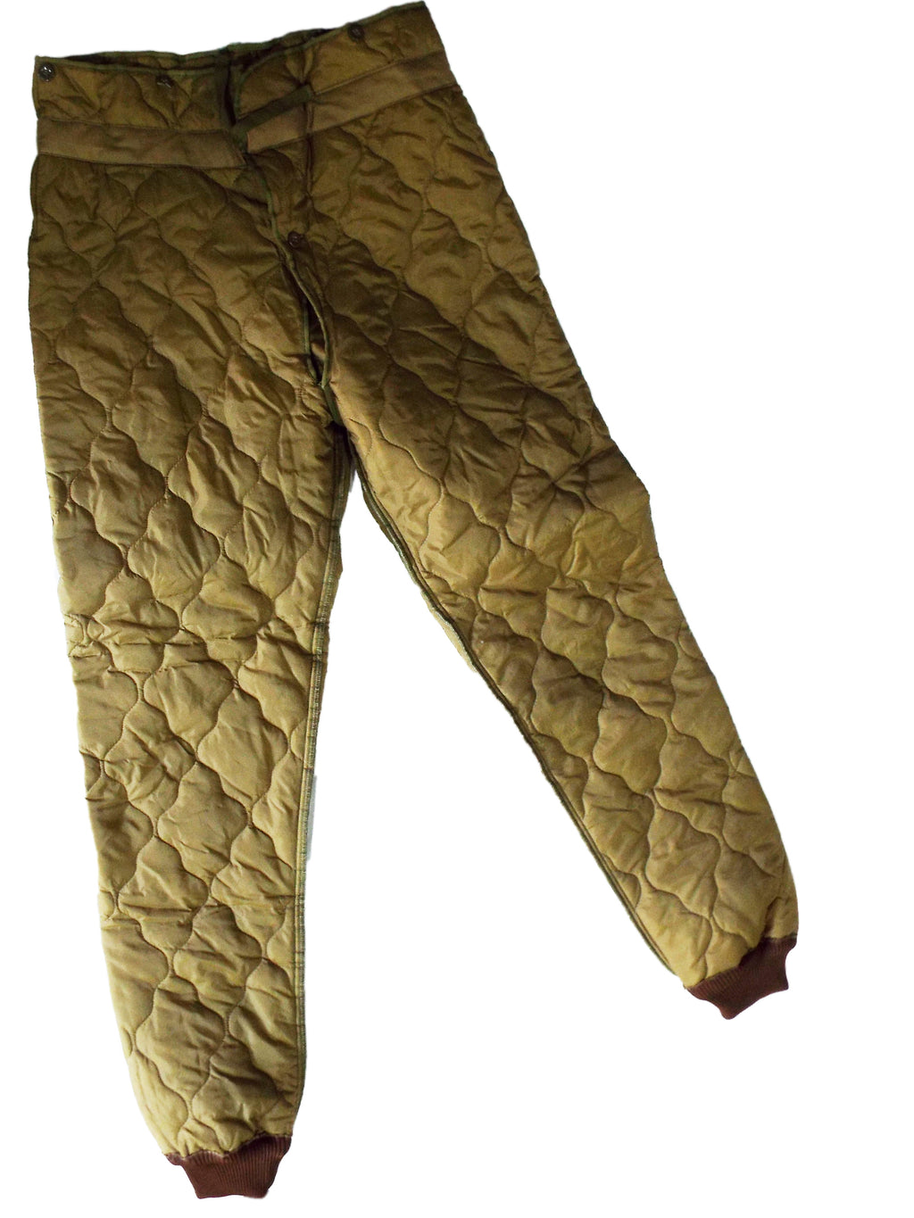 Detachable quilted thermal liner for Czech combat trousers, featuring a brown diamond-patterned insulation and ribbed cuffs for added warmth.