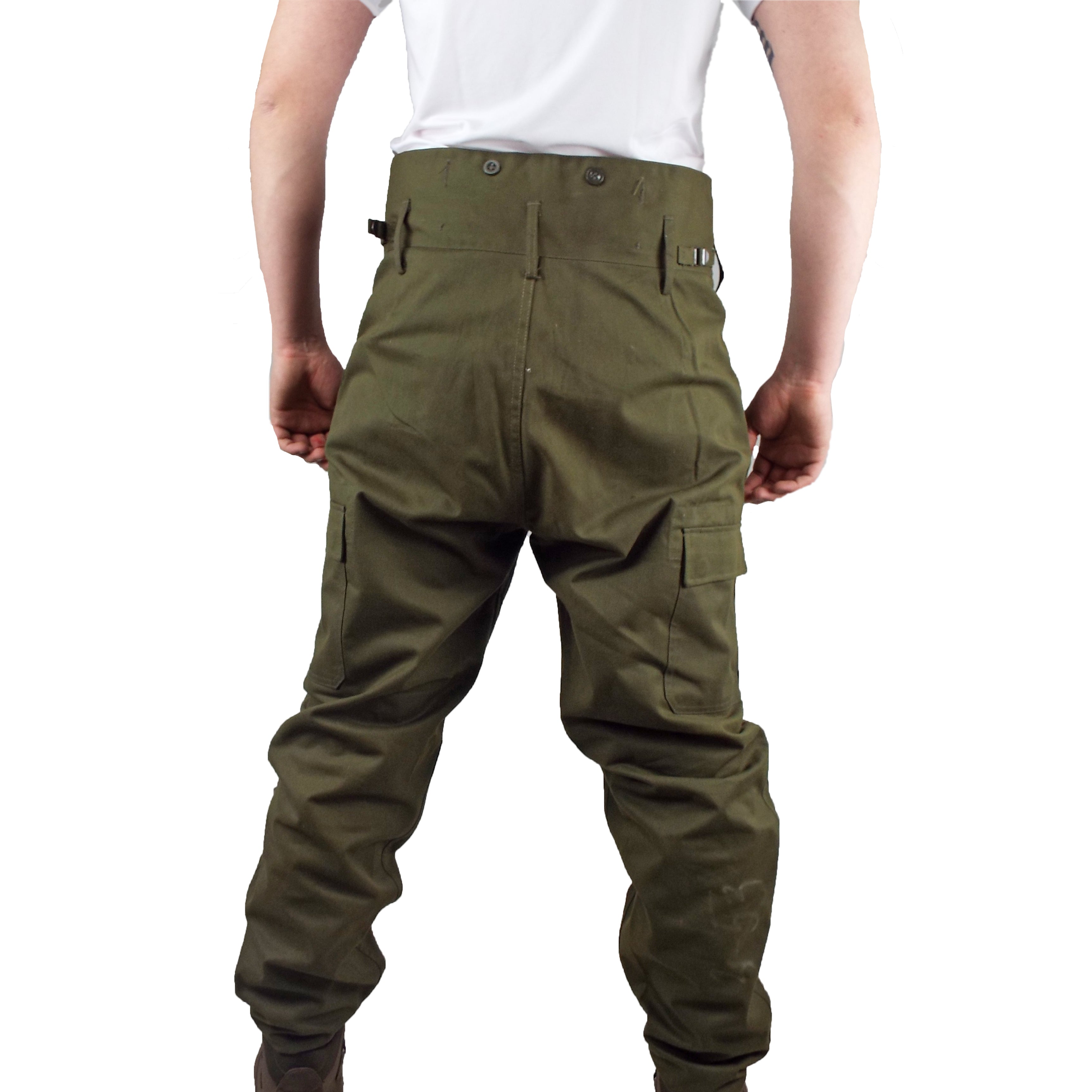 Rear view of authentic Czech cold weather trousers showing the high-back design, fabric waist adjusters, and rugged construction for outdoor activities.