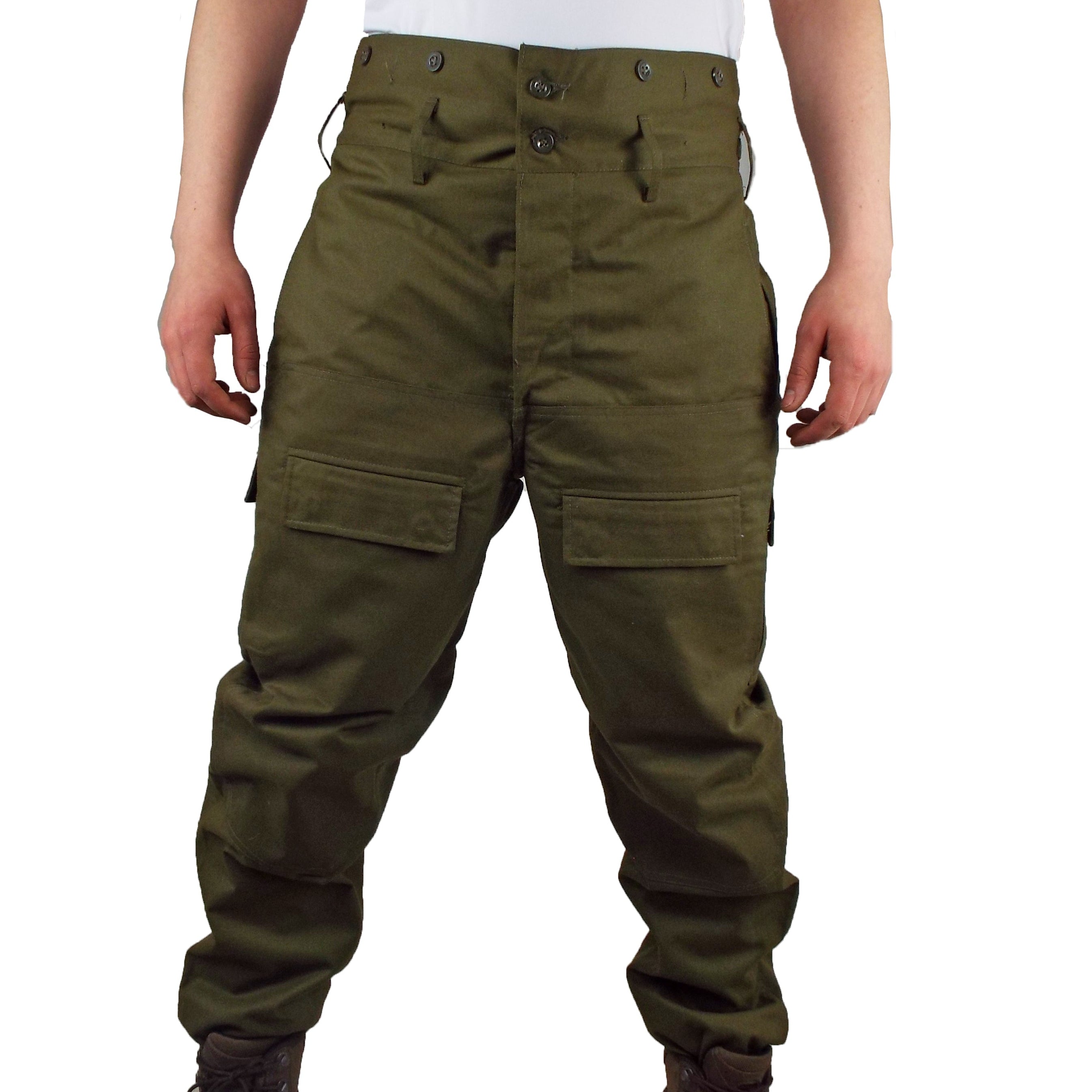 Front view of surplus Czech army combat over-trousers in olive green, showing the robust waistband and large cargo pockets for field utility.