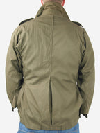 Rear view of Italian army field jacket showing the short length cut and central vent detail on olive green fabric
