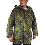 Front angle of the original Czech Army M95 parka featuring a buttoned storm flap and durable poly-cotton material.
