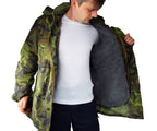 Front view of the Czech Army M95 parka with the front flap partially opened, revealing the thick gray thermal liner inside.