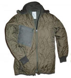 The removable olive green quilted thermal liner for the German army parka, featuring a zip front and ribbed knit cuffs for added warmth.