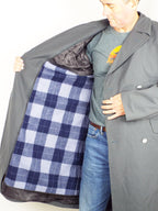 Genuine German army surplus trench coat open to reveal a warm, removable checked inner liner.
