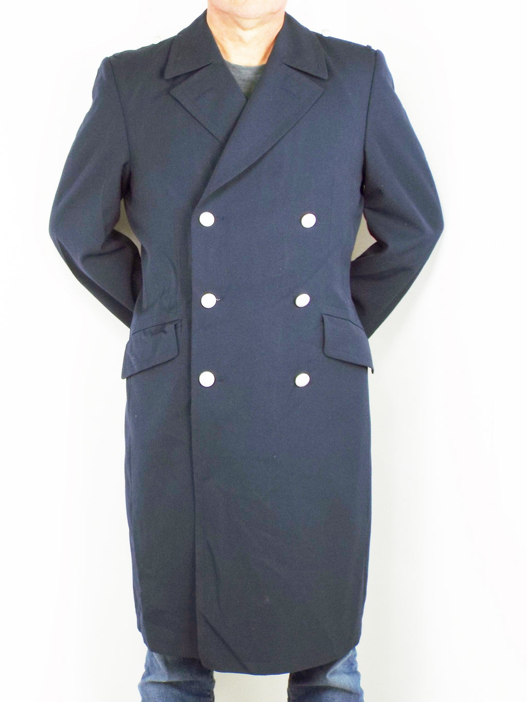 Front view of a dark blue German Navy trench coat in Grade 1 gabardine fabric, featuring a double-breasted design and silver stippled buttons.