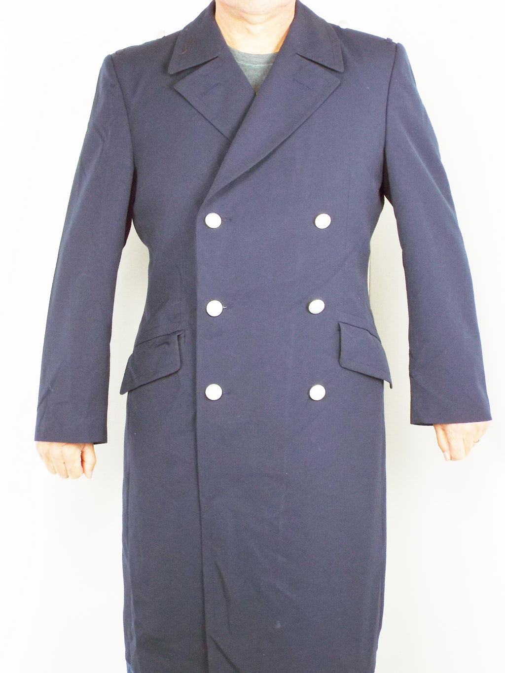 Full-length front view of the German Navy trench coat worn closed, displaying the high-quality dark blue gabardine material and sharp silhouette.