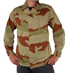 Front view of the French Army F2 jacket in CCE desert camo, featuring dual vertical chest pockets and durable poly-cotton blend.