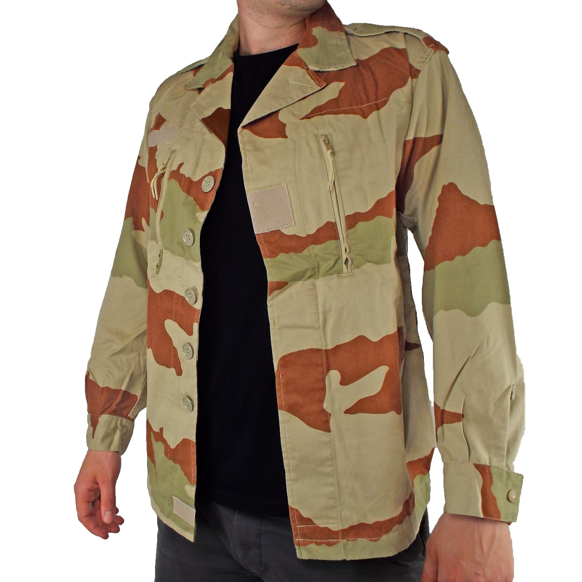 Three-quarter angle of the French Army CCE desert camo F2 jacket showing the button-front closure and classic military collar design.