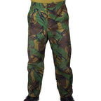 Front view of British Army DPM POL waterproof trousers featuring a drawstring waist and classic woodland camouflage pattern for outdoor use.