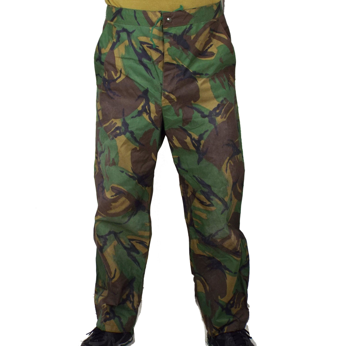 Front view of British Army DPM POL waterproof trousers featuring a drawstring waist and classic woodland camouflage pattern for outdoor use.