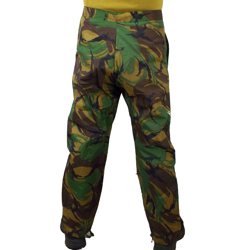 Rear view of genuine military surplus DPM camouflage overtrousers showing the durable nylon construction and generous fit for field gear layering.