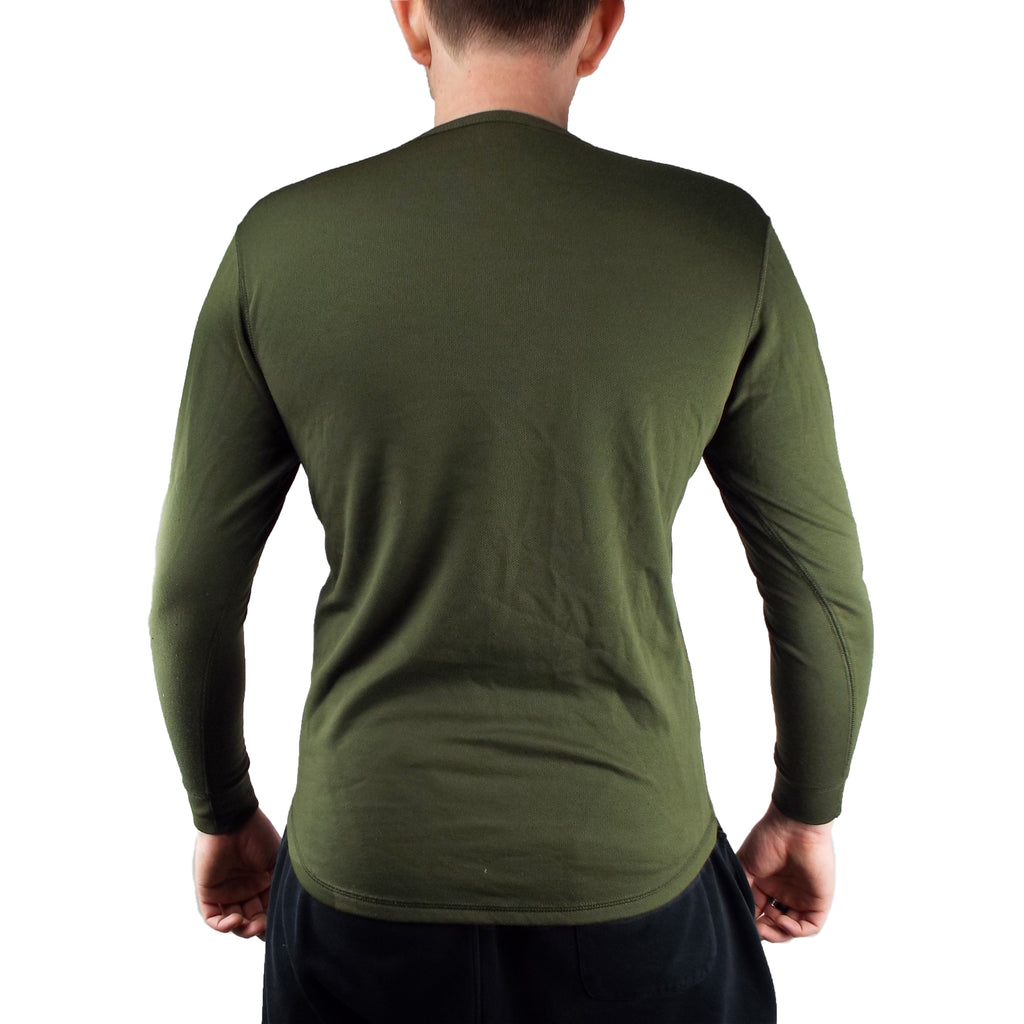 Rear view of a British Army issue thermal long sleeve T-shirt, highlighting the durable construction.