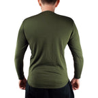 Rear view of a British Army issue thermal long sleeve T-shirt, highlighting the durable construction.