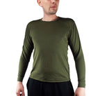 Front view of a British Army long sleeve thermal base layer in olive green, showing its crew neck fit.