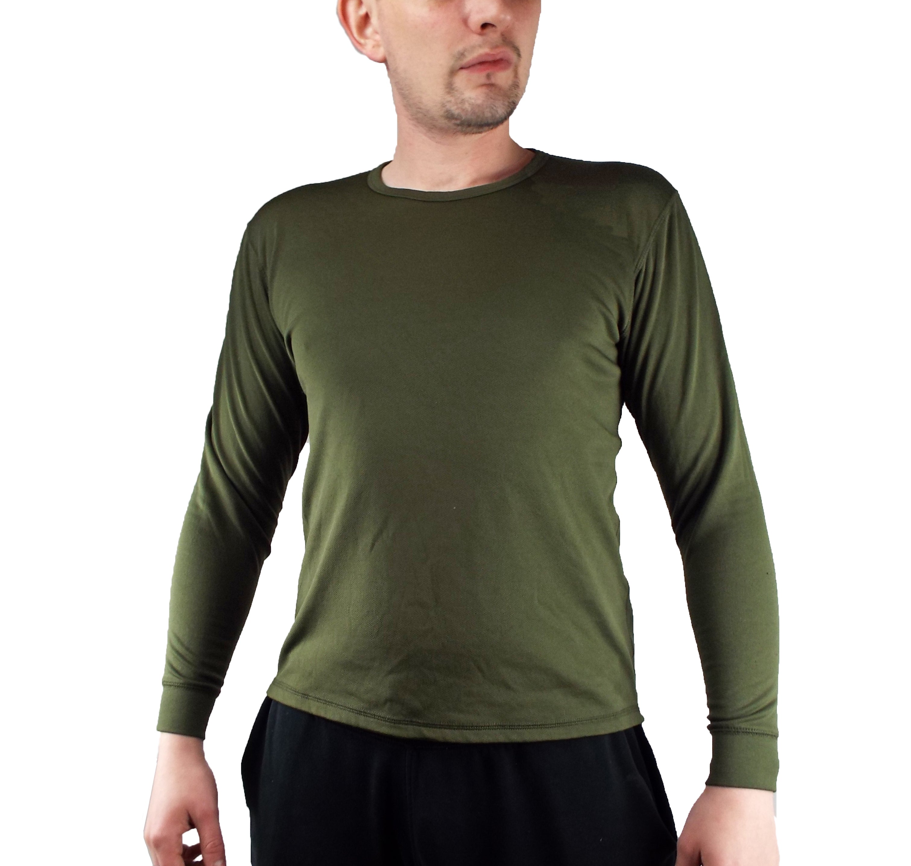 Front view of a British Army long sleeve thermal base layer in olive green, showing its crew neck fit.