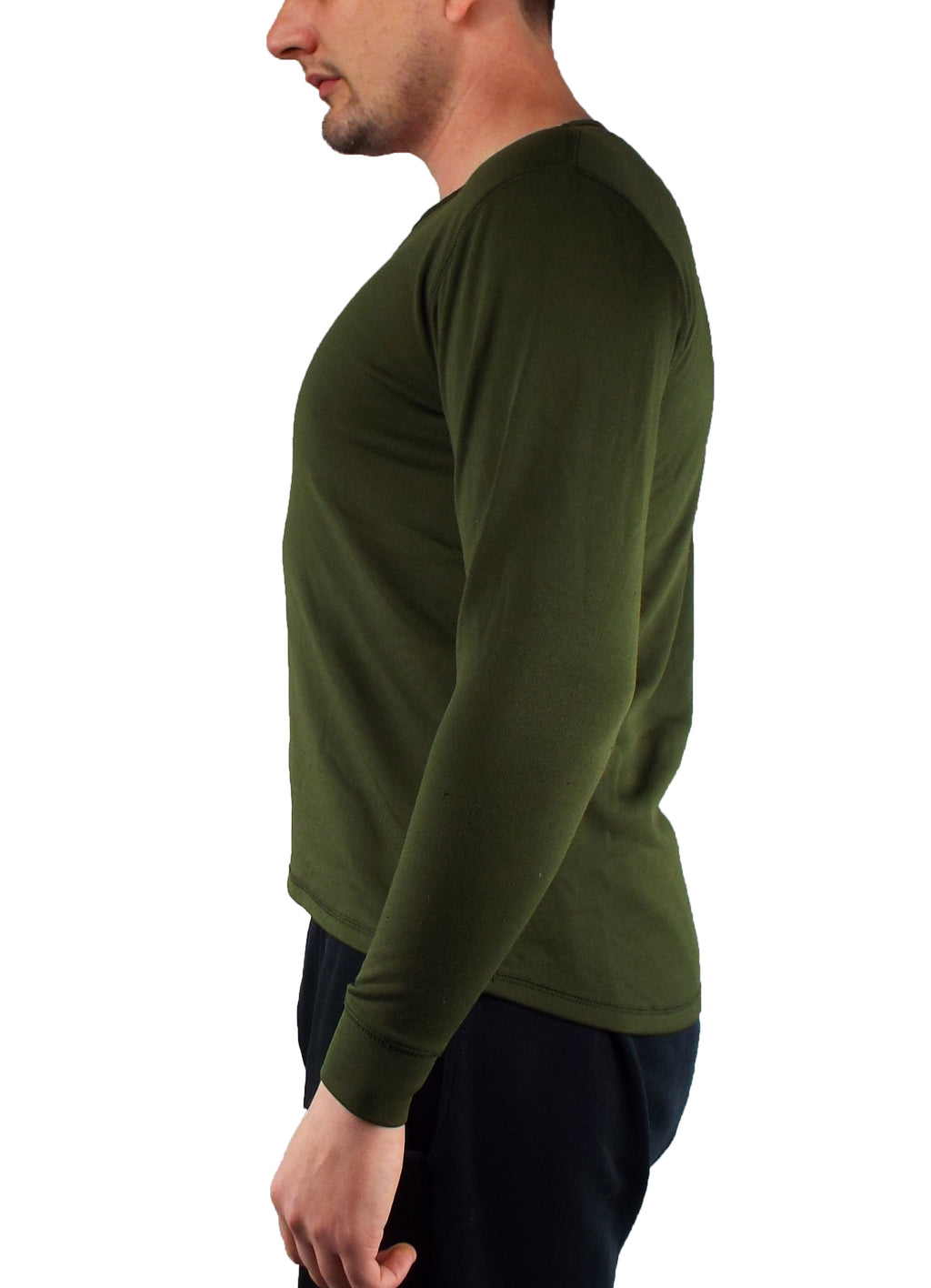 Side profile of a genuine British military thermal shirt in dark olive green featuring long sleeves.
