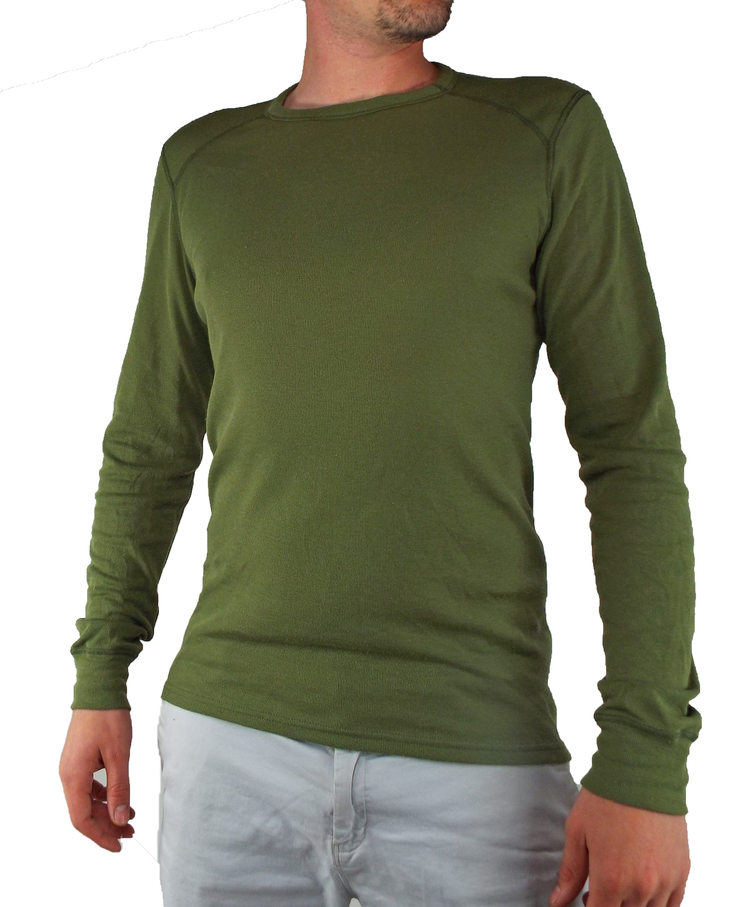 Man wearing ODLO olive green long sleeve thermal crew neck base layer, genuine Dutch army surplus in Grade 1 condition, front view.