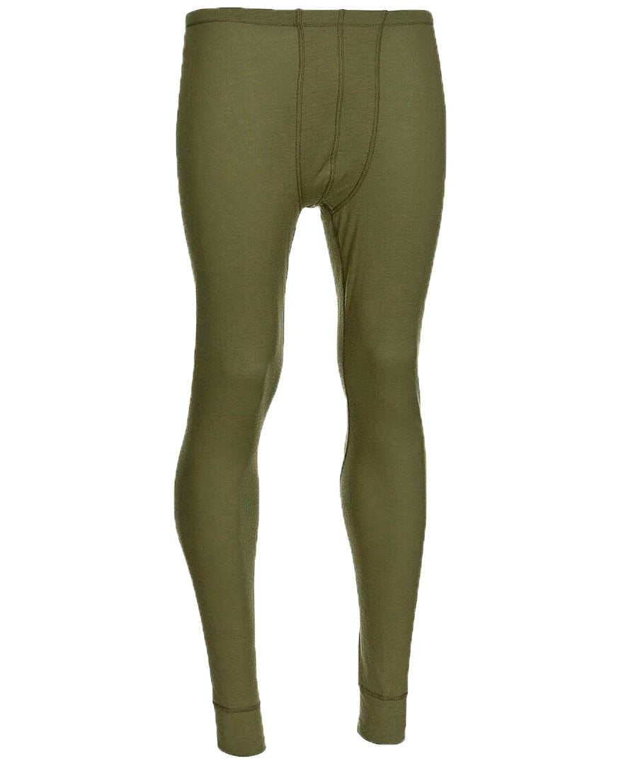 Front view of Dutch Army ODLO green long-johns, Grade 1 thermal base layer with elasticated waist and ankle cuffs for winter outdoor use.