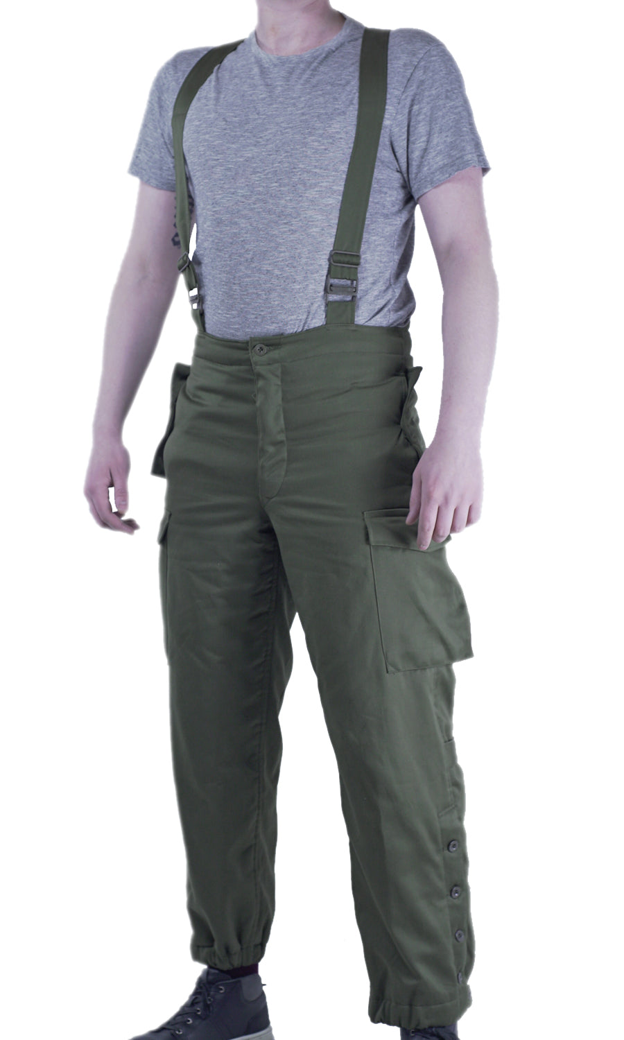 Austrian Army thermal combat trousers worn with adjustable braces, featuring a high-waisted design for warmth and polycotton shell.