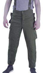 Front view of the genuine Austrian KAZ 75 military thermal trousers, showing the high-waisted fit, side cargo pockets, and adjustable braces.