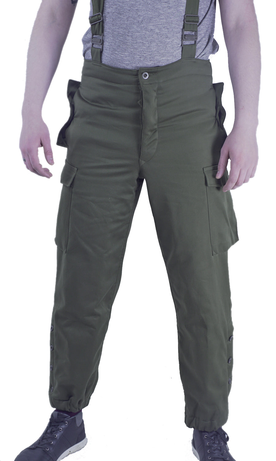 Front view of the genuine Austrian KAZ 75 military thermal trousers, showing the high-waisted fit, side cargo pockets, and adjustable braces.